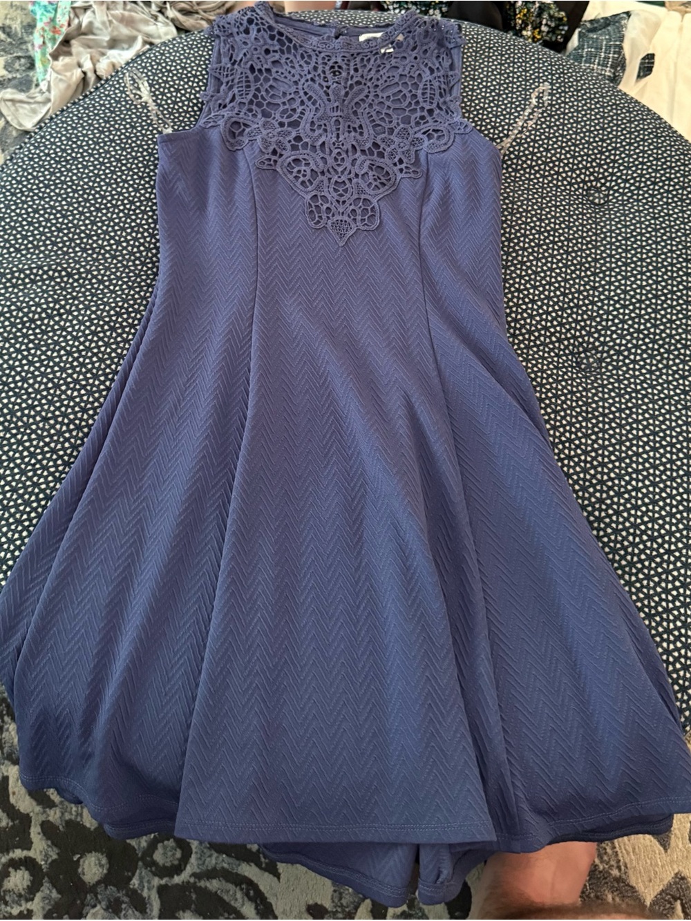 Dry Goods Navy Blue Crochet-Yoke Fit & Flare Mini Dress
